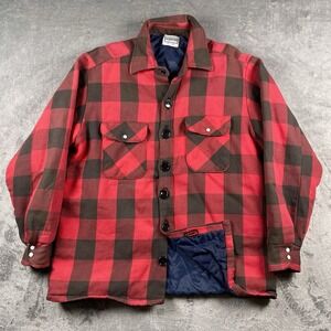VTG Five Brother Shacket Mens L Red Buffalo Plaid Flannel Quilt Lined Jacket USA